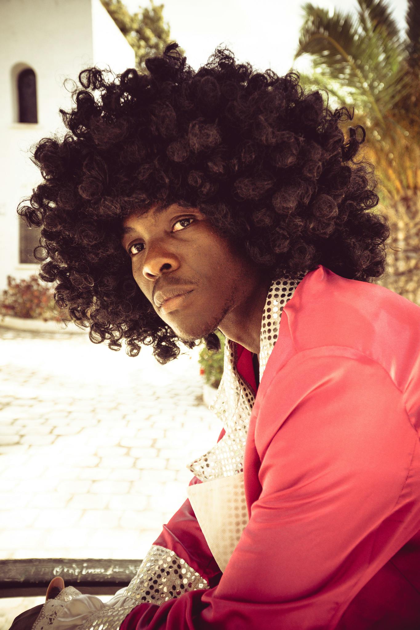 Man with afro hairstyle in vibrant attire posing stylishly outdoors.